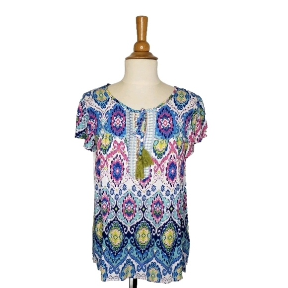 Farmers Market by One World Top S Ikat Tie Neck Popover Sequins Flutter Sleeves - Picture 1 of 13